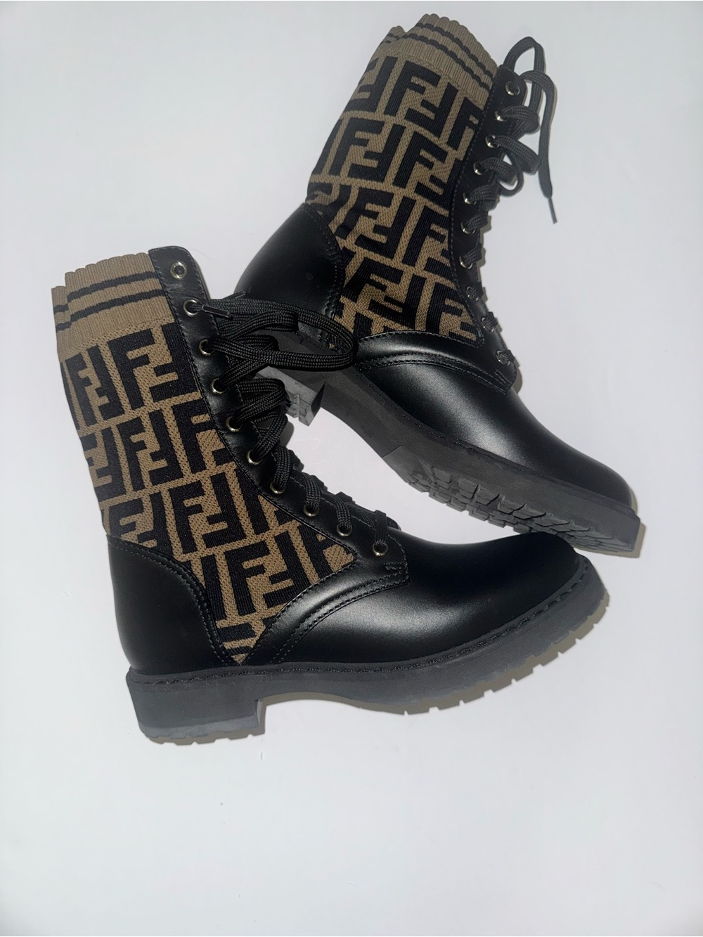 Fendi Black & Brown Logo Knit Lace-Up Combat Boots